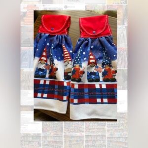 Red Gnome USA America Red White Blue Hanging Kitchen Towels, Set of 2 New